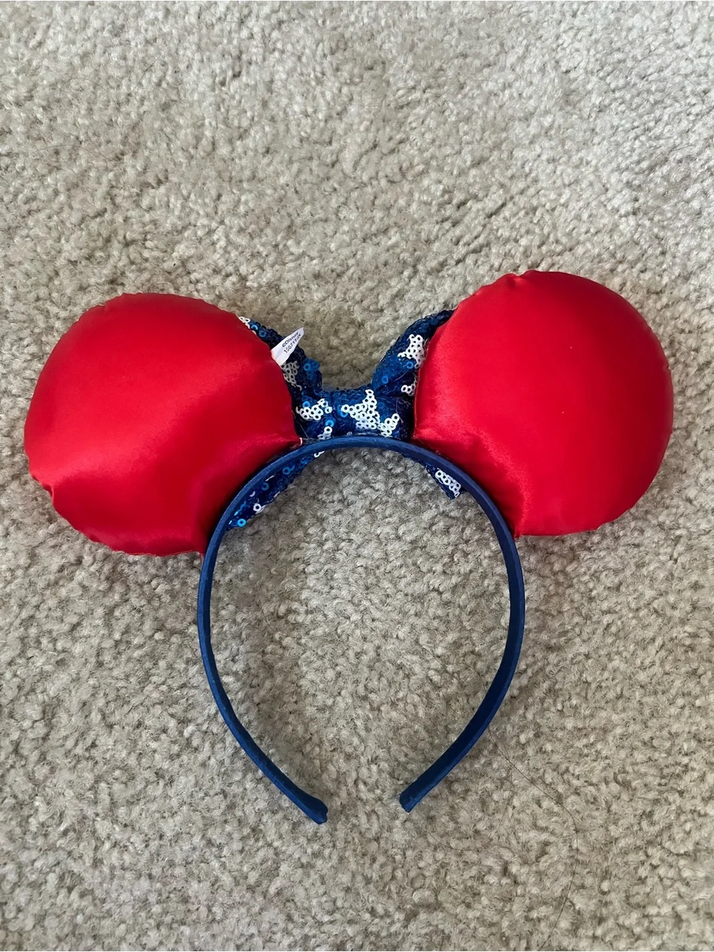 Red Satin Minnie-Style Ears Headband with Blue Sequin Star Bow